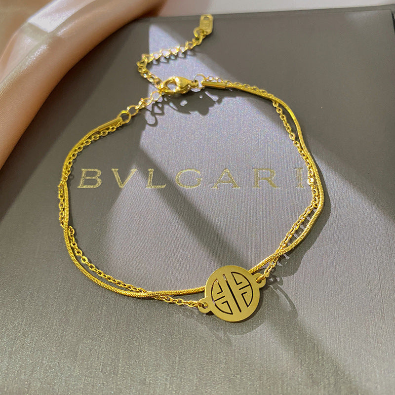 Gold Plated Titanium Steel Fu Character Double Layer Bracelet