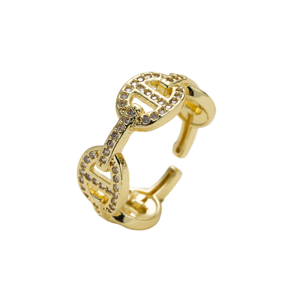 Luxury Animal-Shaped Pig Nose Open Ring for Women and Men Made of Brass with 18K Gold Plating and Zircon Inlay