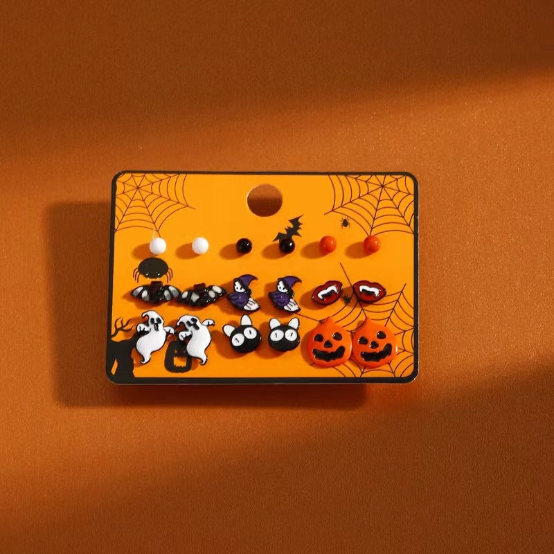Juego de pendientes de tuerca de calabaza, fantasma y murciélago de Halloween estilo caricatura oscura en aleación con postes de acero inoxidable