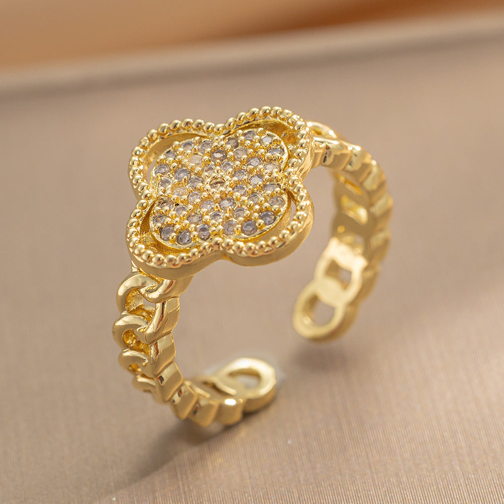 Luxury Minimalist Adjustable Open Ring for Women with Gold-Plated Copper Band and Zircon Stone Accent in Heart and Floral Shape
