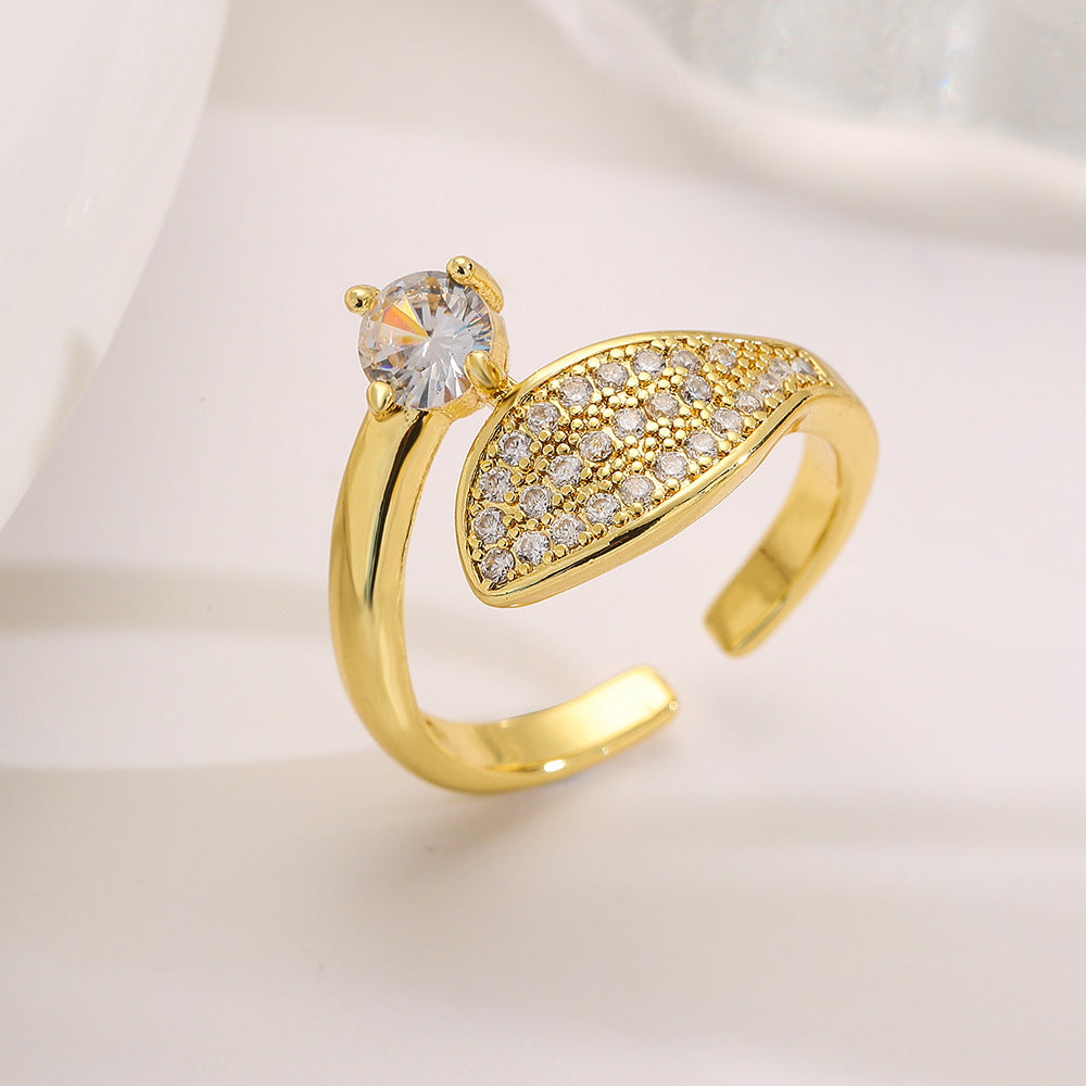 Minimalist Geometric Open Ring for Women with 18K Gold Plating and Zircon Inlay in Butterfly and Leaf Shape