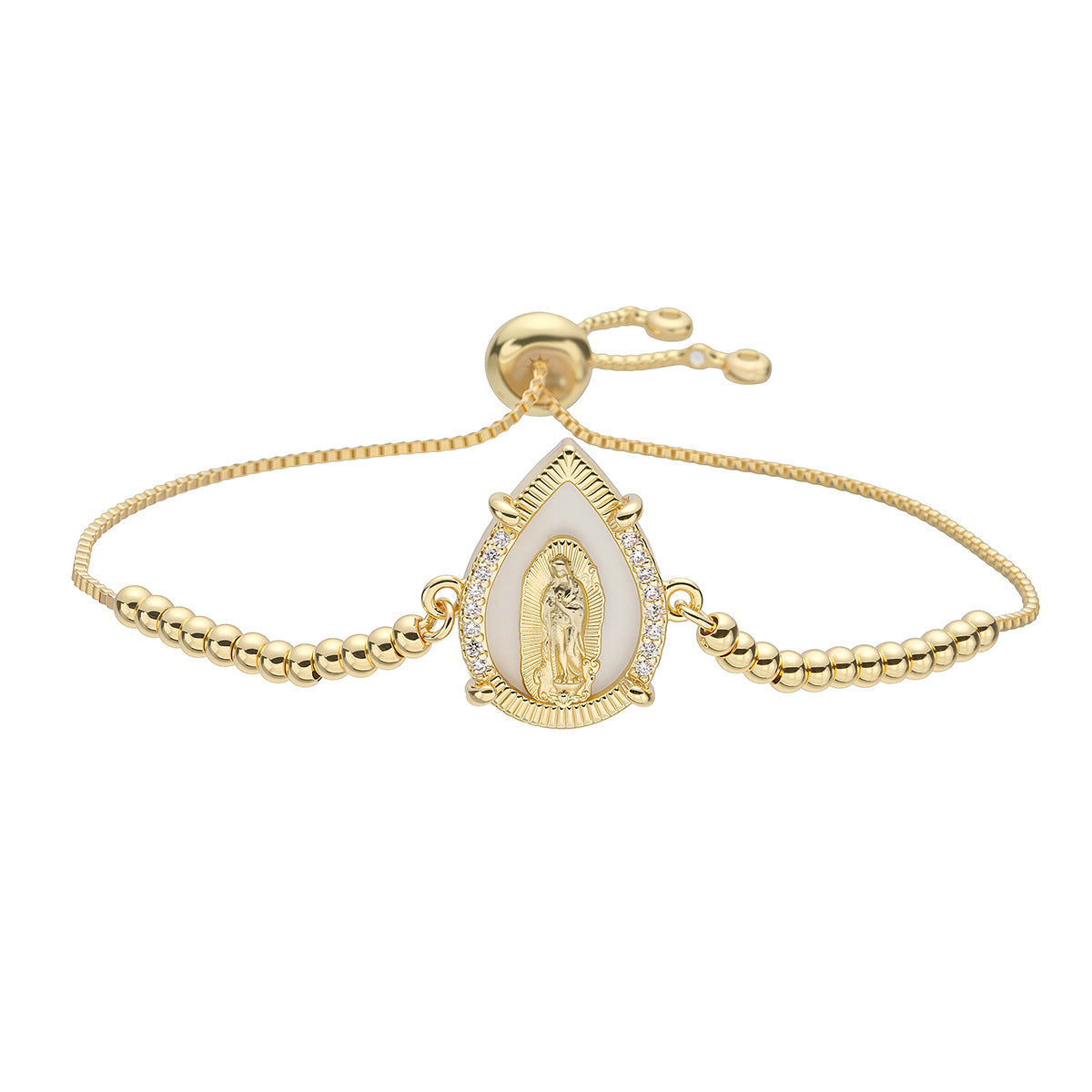 Vintage 18K Gold Plated Brass Geometric Bracelet with Cubic Zirconia Virgin Mary Charm for Women