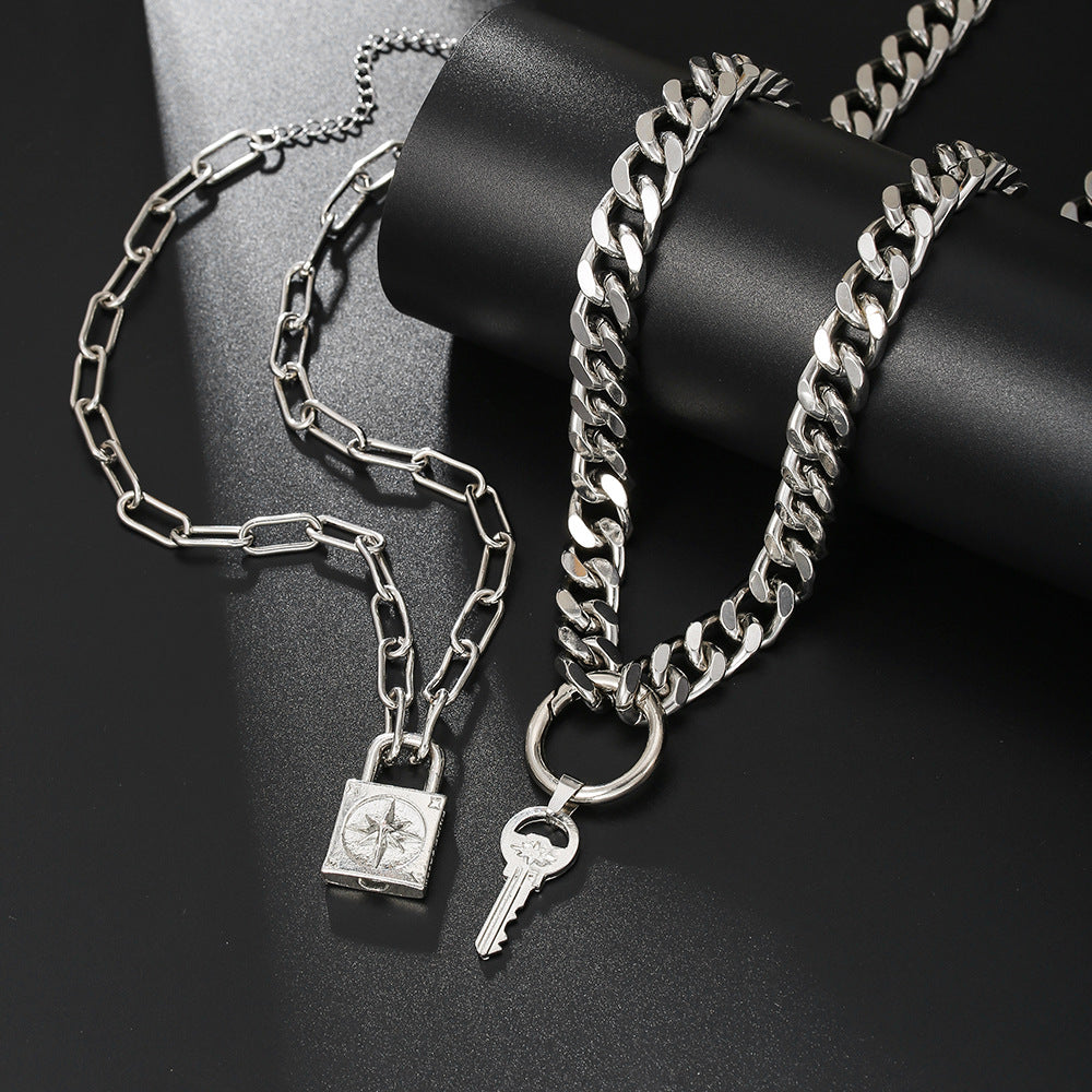 Vintage Punk Geometric Round Key Lock Pendant Handmade Iron Double Layer Cuban Link Cable Chain Necklace for Women
