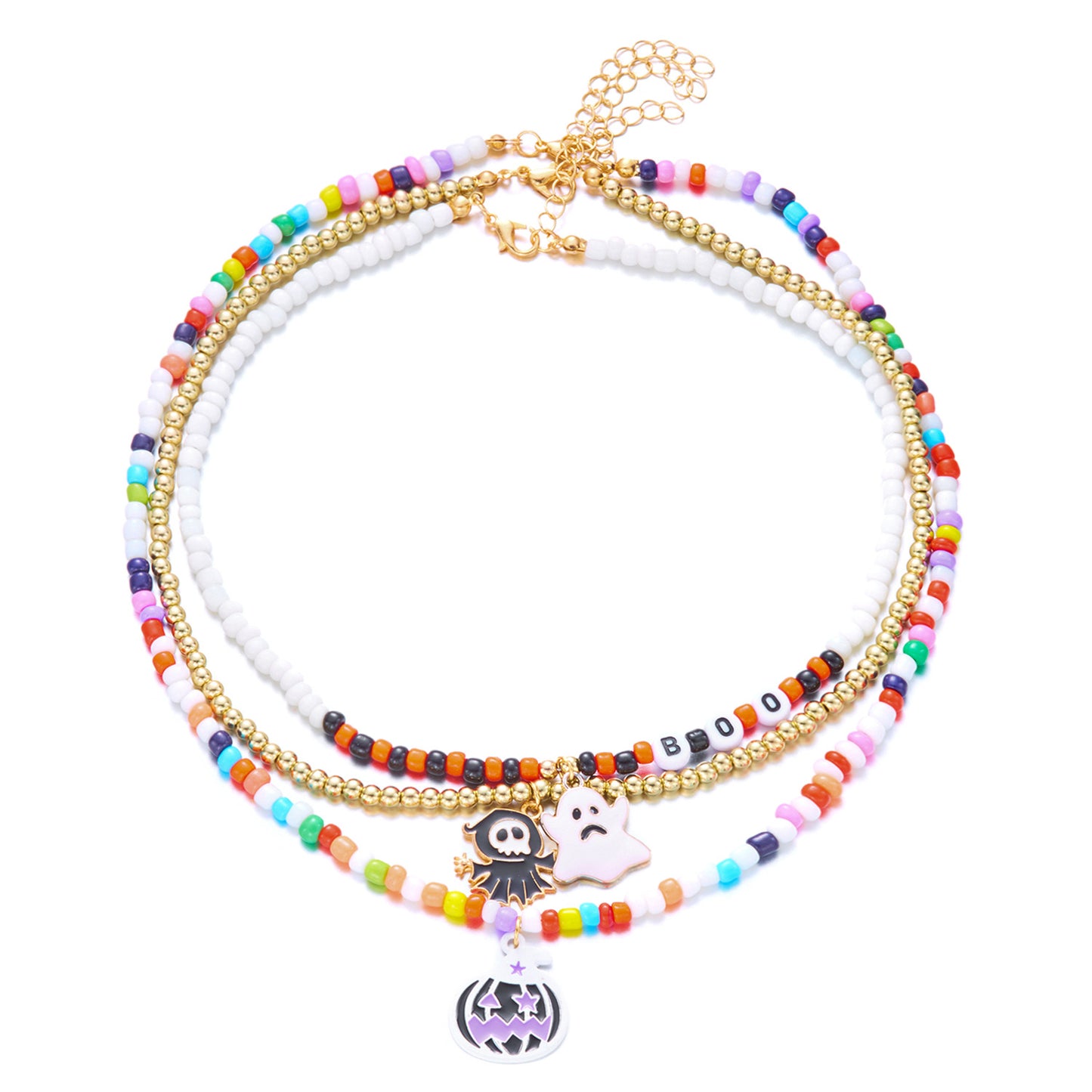 Collar Gargantilla Fantasma y Calabaza de Halloween con Colgante de Aleación, Cuentas de Arroz de Colores Multicapa, Estilo Bohemio Artesanal