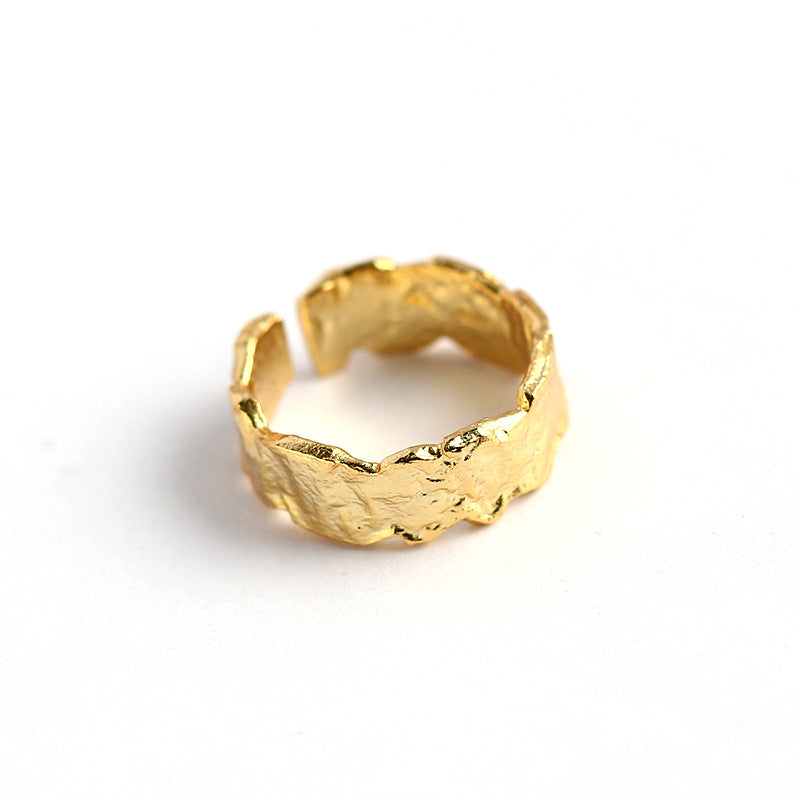925 Sterling Silver Gold Plated Irregular Foil Texture Ring for Women