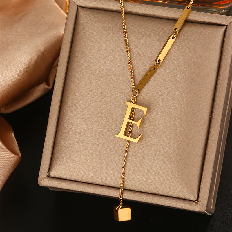 Minimalist Titanium Steel Letter Pendant Necklace with Tassel for Women