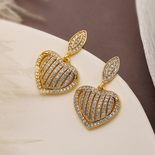 Minimalist Heart-Shaped Copper Earrings with Real Gold Plating and Zircon Accents for Women