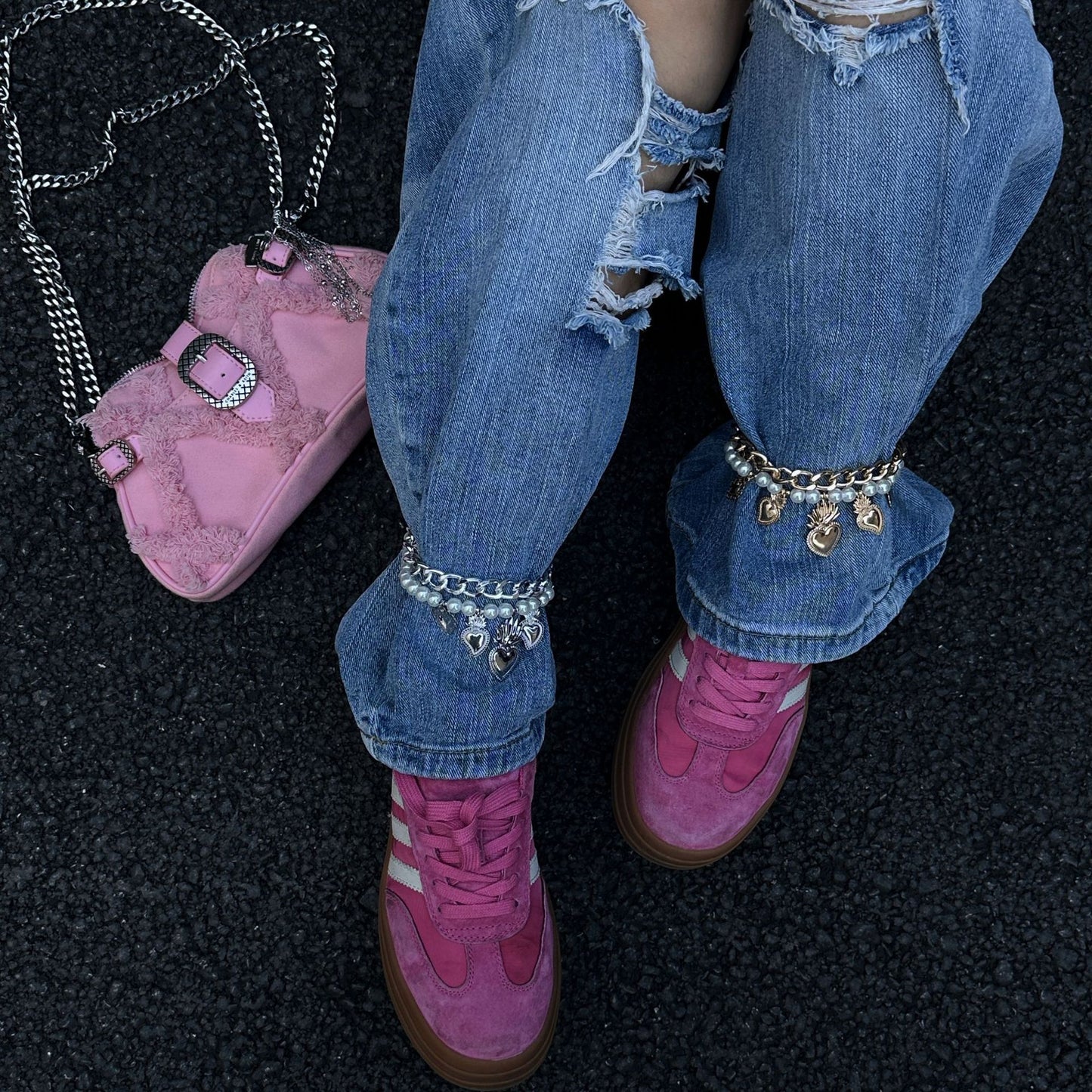 Heart Cross Alloy Anklet with Pearl Beads for Women