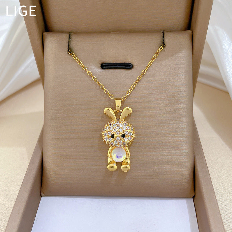 Sweet Luxury Cartoon Rabbit Geometric Rhinestone Pendant Titanium Steel Necklace for Unisex