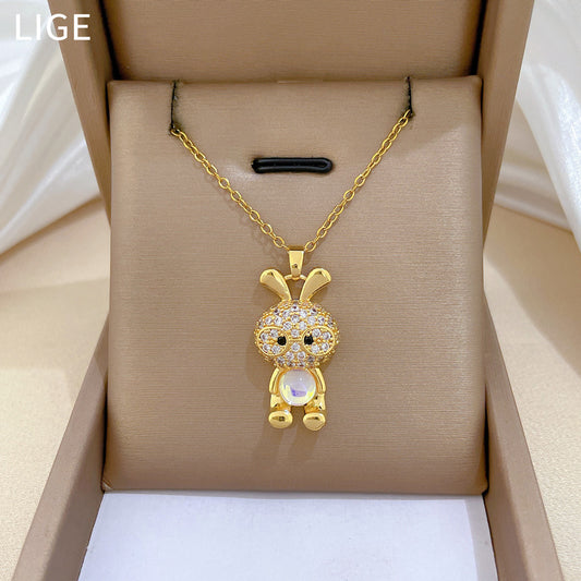 Sweet Luxury Cartoon Rabbit Geometric Rhinestone Pendant Titanium Steel Necklace for Unisex