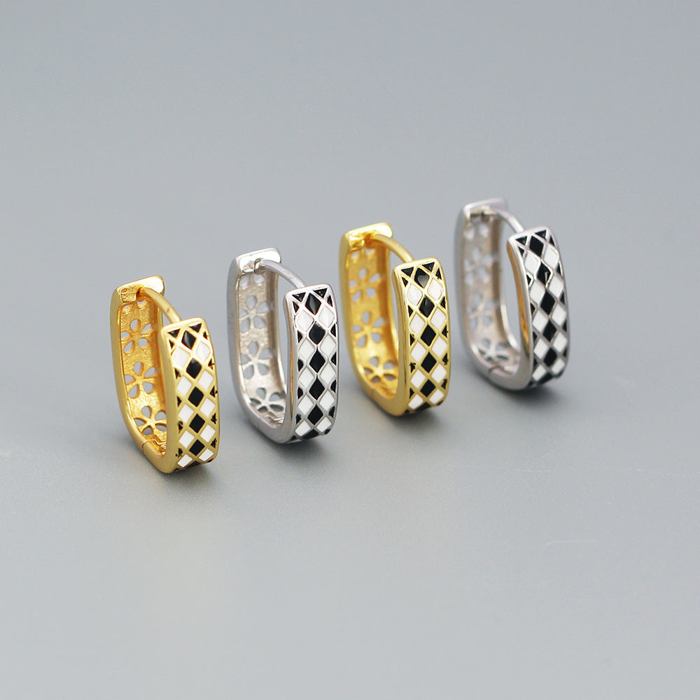 Sweet 925 Sterling Silver Geometric Checkered Drip Oil U-Shaped Hoop Earrings
