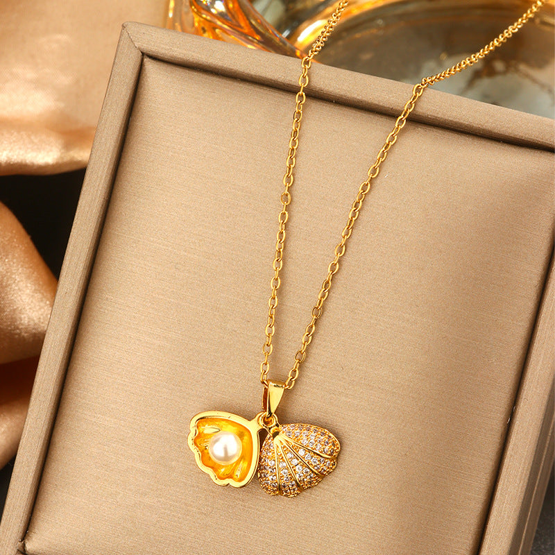 Minimalist Titanium Steel Pearl Necklace with Heart Star and Floral Pendants for Women