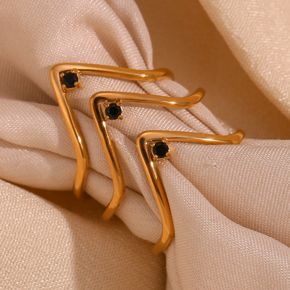 Minimalist Geometric Stainless Steel Ring with 18K Gold Plating and Micro-Pavé Rhinestones for Women