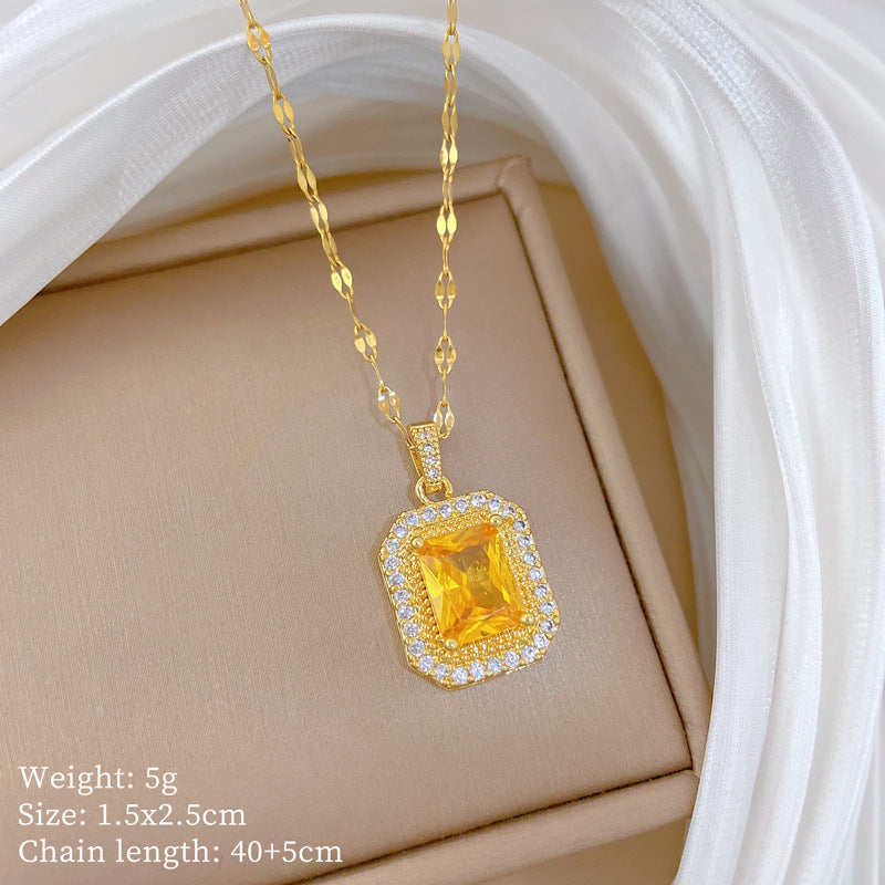 Minimalist Sweet Square Geometric Titanium Steel Necklace with Brass Pendant Inlaid with Cubic Zirconia Floral Design