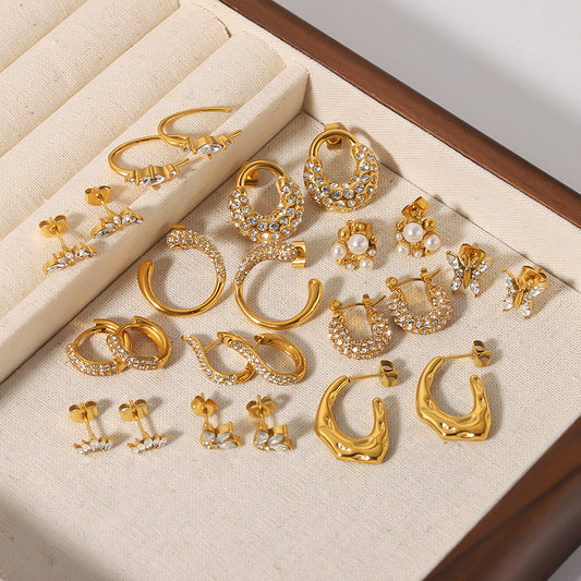 Irregular Butterfly-Shaped Zirconia-Set Pearl Earrings in Stainless Steel with 18K Gold Plating for Women