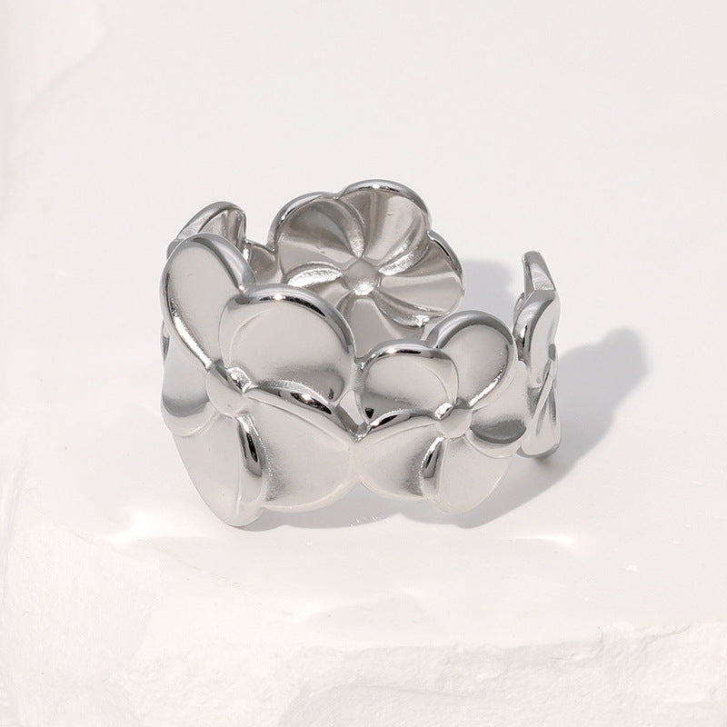 Minimalist Floral Open-Style Stainless Steel Finger Ring with Gold Plating for Women