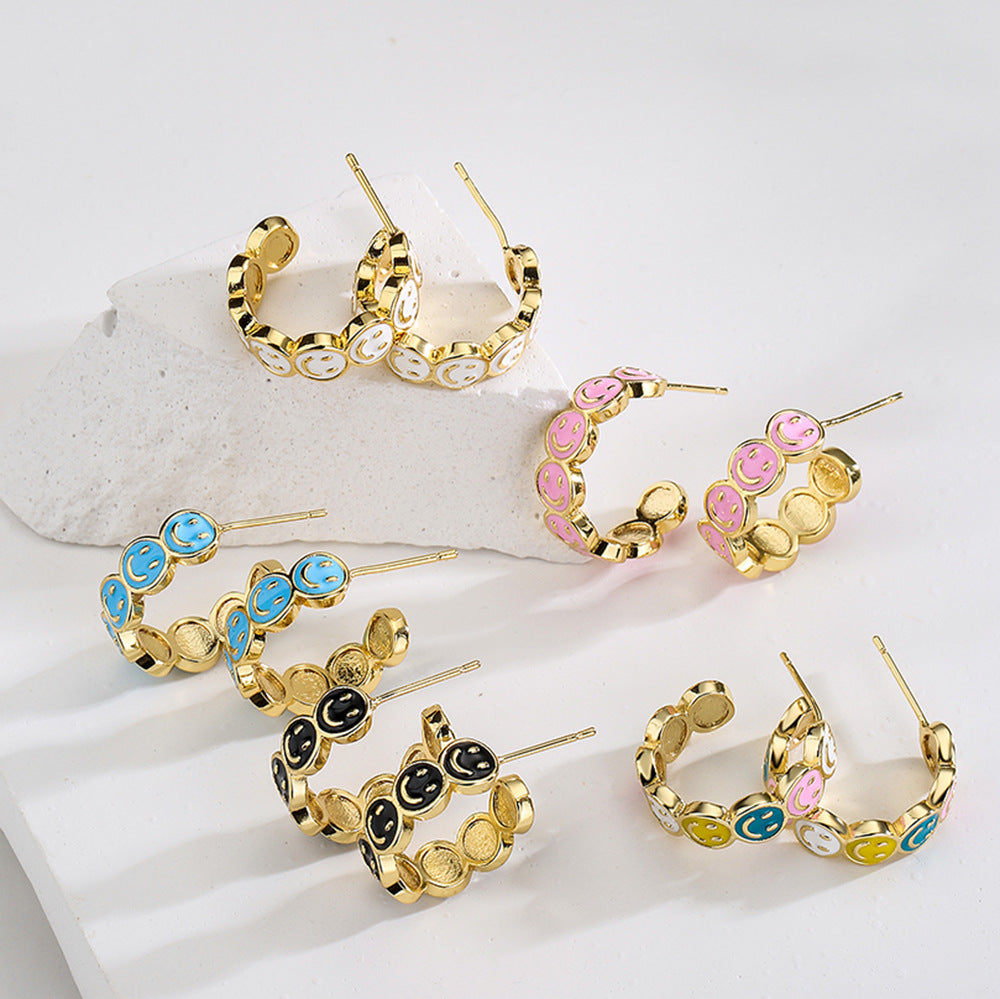 Cute Playful INS-Style Geometric C-Shaped Smiley Face Earrings for Women with Copper Base and 18K Gold Plating and Enamel Finish