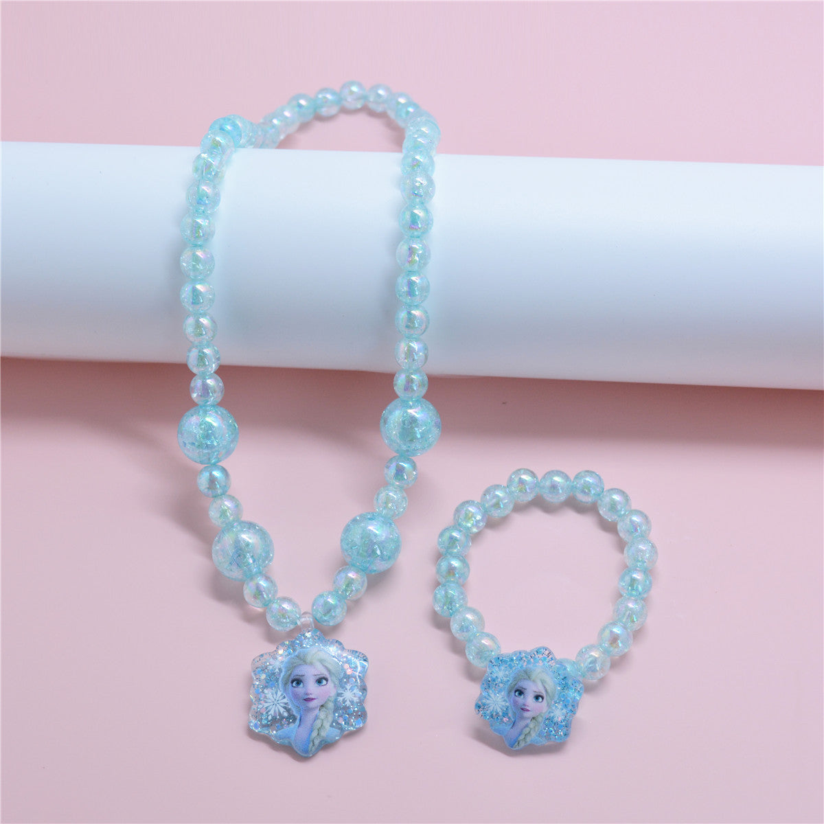 Cartoon Elsa Princess Necklace Set for Kids with Resin Pendant on Beaded Chain Adjustable for Ages 0-10 Years