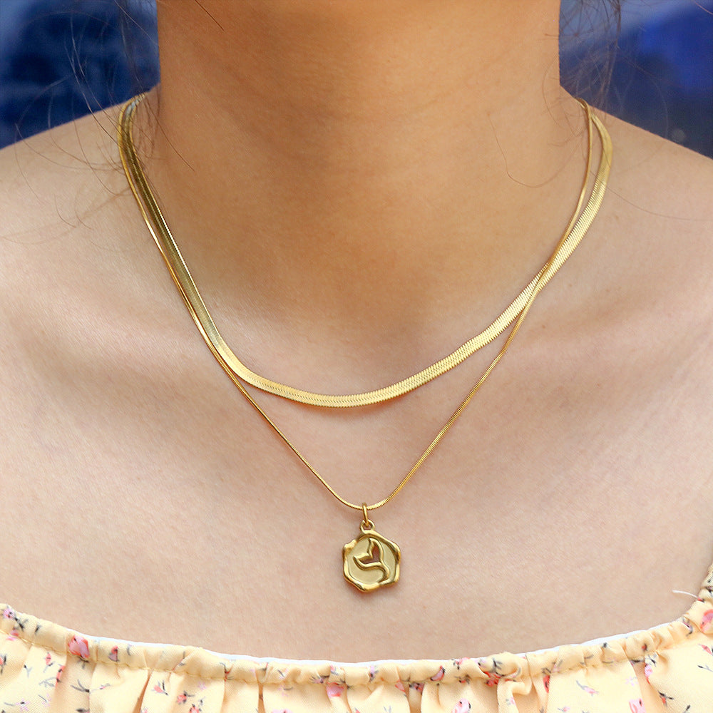 Fashionable Two-Tier Snake Chain Necklace with Titanium Steel Mermaid Tail Pendant for Women, Electroplated Stainless Steel Jewelry