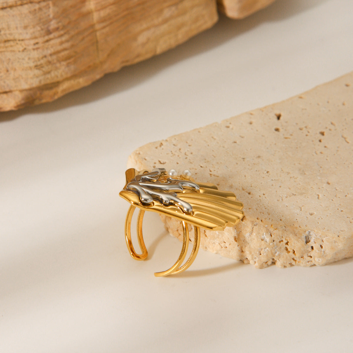 Minimalist Geometric Stainless Steel Ring with Gold Silver Two-Tone Plating Coral Shell and Pearl Accents for Women