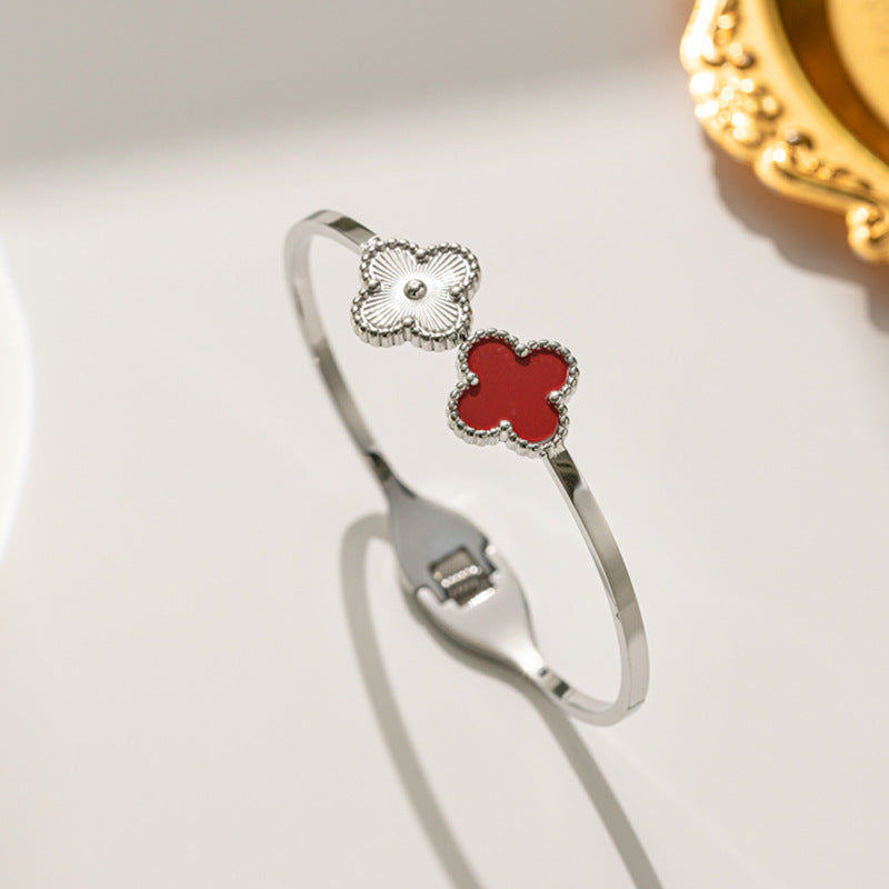 Minimalist Four-Leaf Clover Titanium Steel Bracelet for Women with Polished Finish and Adjustable Opening Design