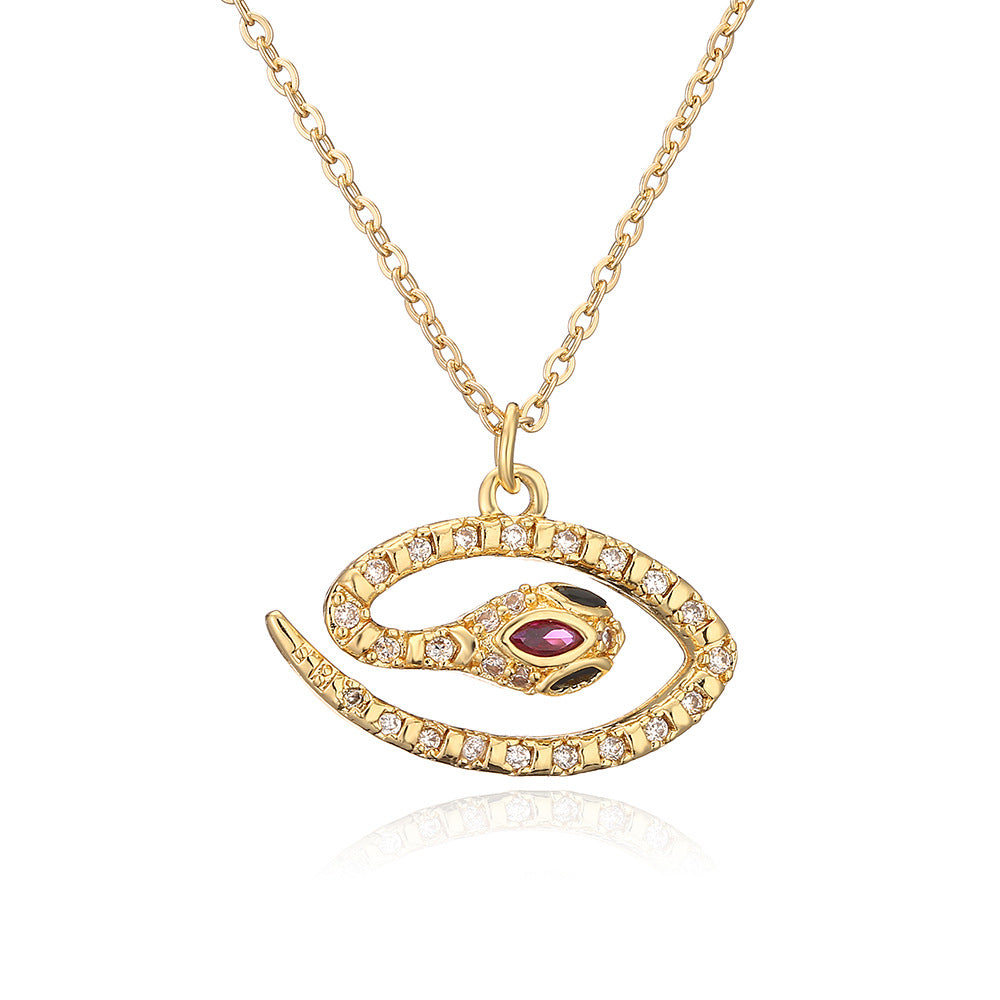 Bohemian Style Snake-Shaped Pendant Necklace for Women with Copper Base and Real Gold Plating, Zircon Inlay, Geometric Design