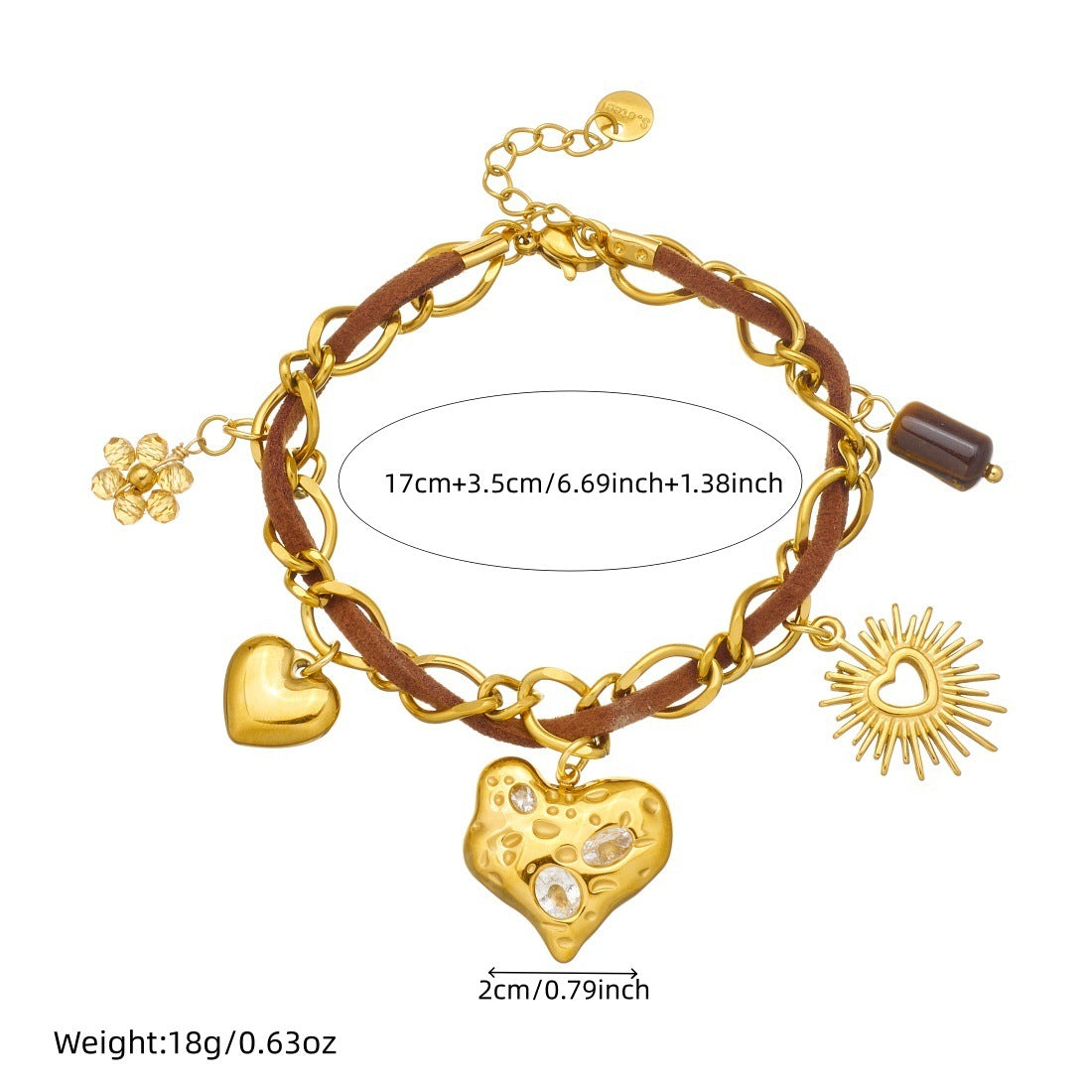 Vintage Gold Plated Stainless Steel Rhinestone Heart Flower Pendant Bracelet for Women