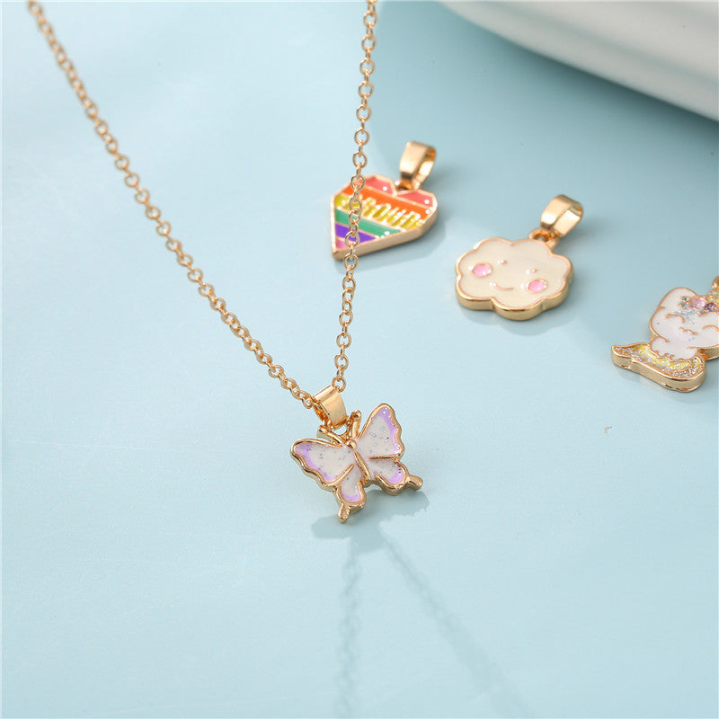 Collana con ciondolo a farfalla a forma di animale cartone animato, in lega, con smalto a goccia e catena a maglie, per bambini