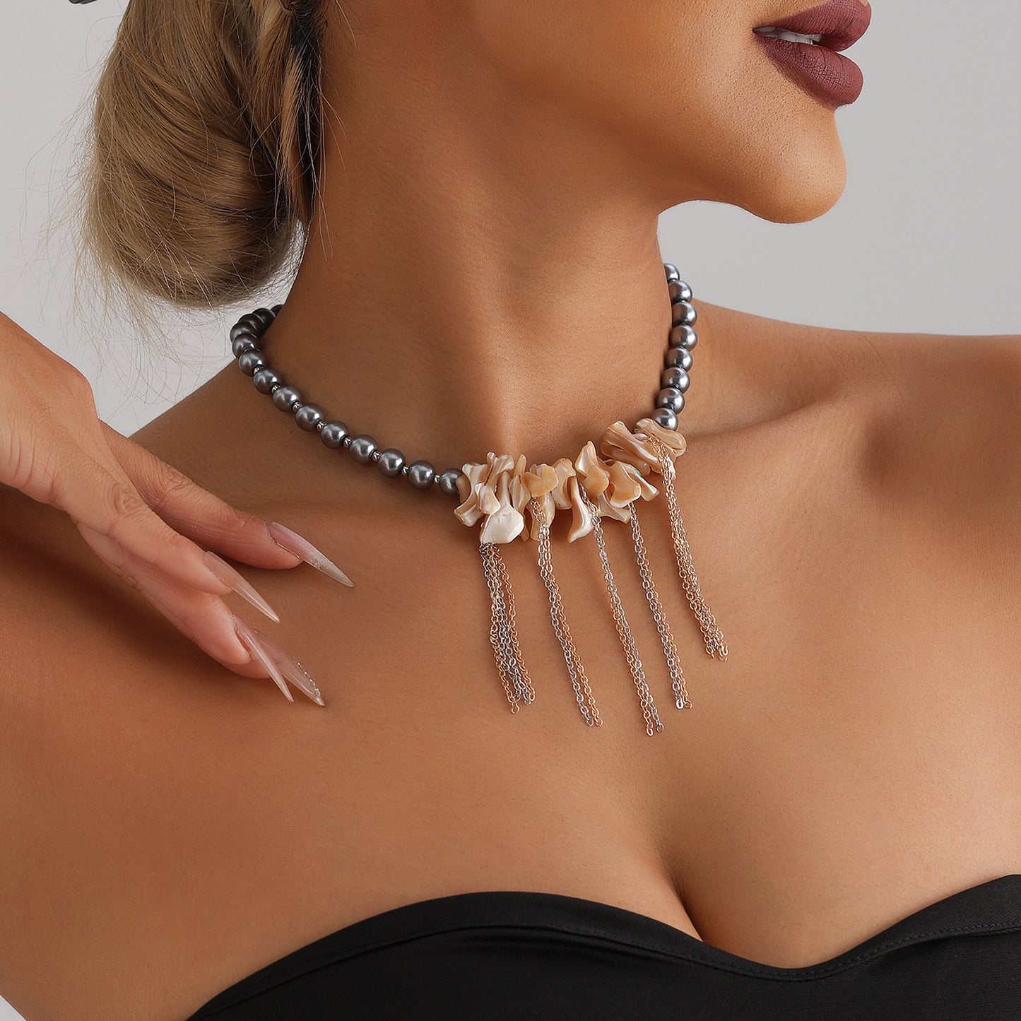 Irregular Seashell Pendant Layered Clavicle Necklace with Tassels for Women, Alloy Electroplated Glass Jewelry
