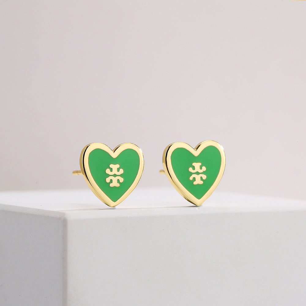 Vintage Ins Style 18K Gold Plated Enamel Heart Geometric Copper Stud Earrings for Women