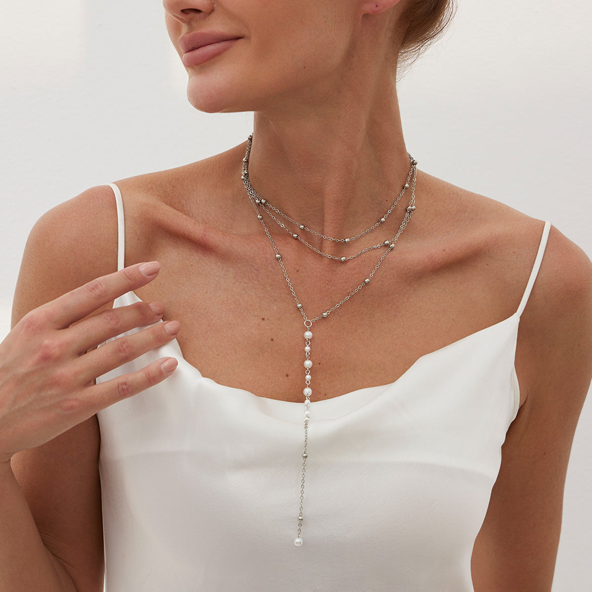 Minimalist Elegant Geometric Brass Plated Pearl Tassel Y-Necklace for Women