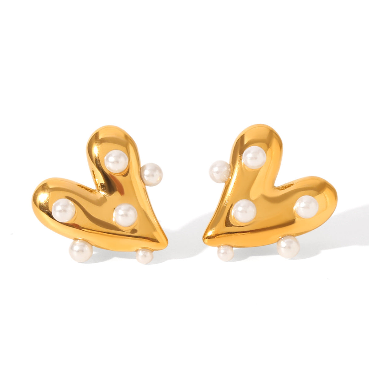 Ins Style 18K Gold Plated Stainless Steel Heart Pearl Stud Earrings for Women