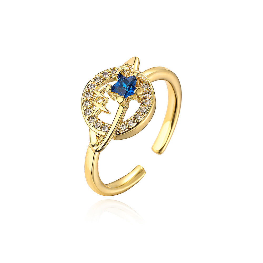 Anello geometrico aperto da donna con base in rame placcata in oro vero e testa di toro e design del pianeta in zircone micropavé