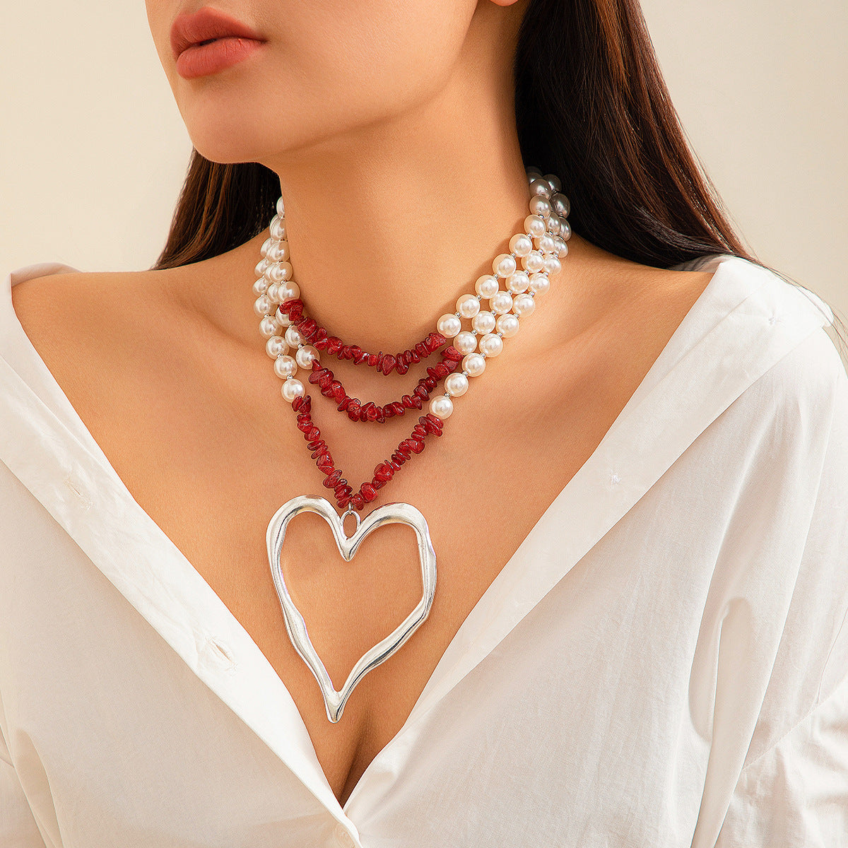 Vintage Heart Turquoise Inlay Alloy Pendant Resin Beaded Necklace for Women
