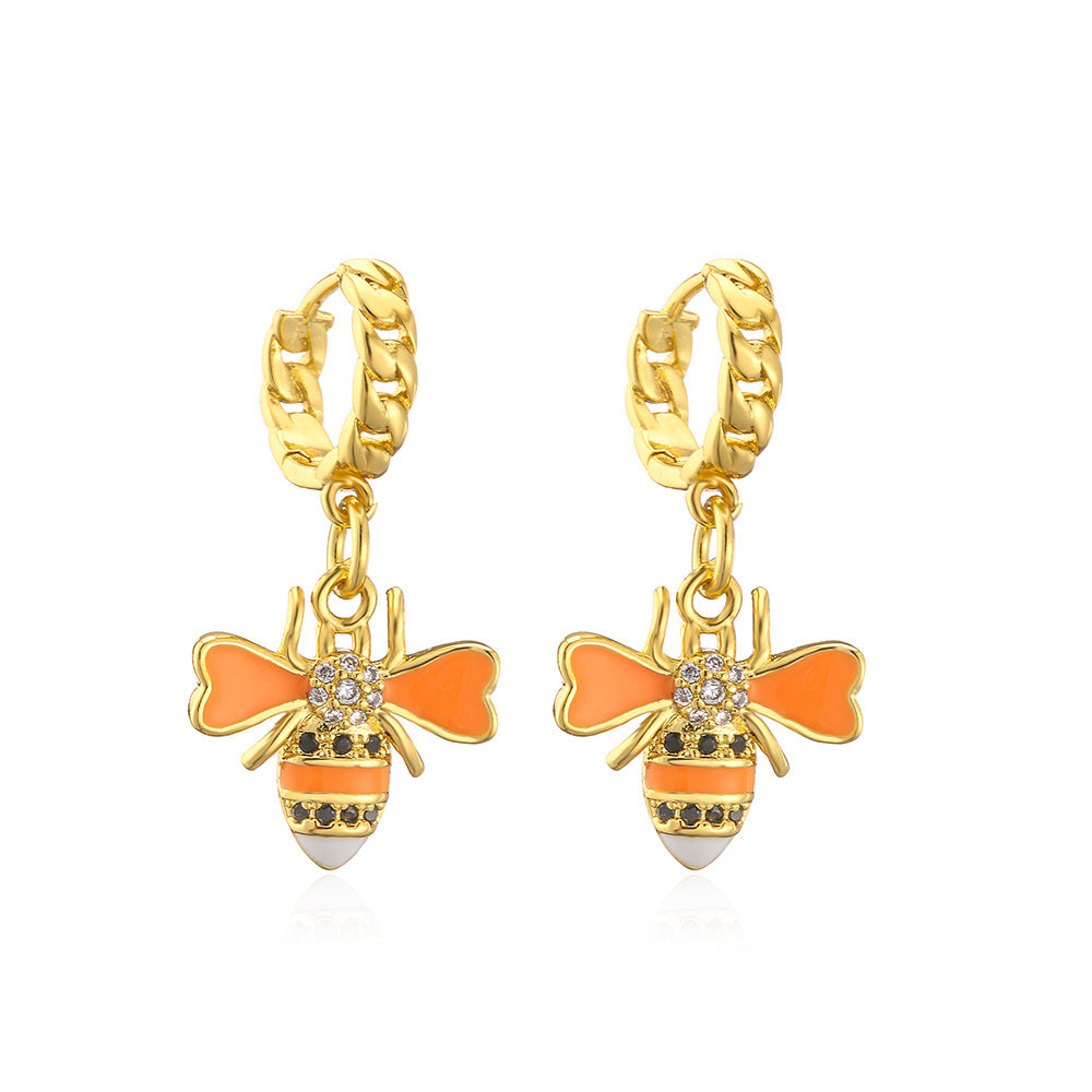 Minimalist Bee-Shaped Copper Pendant Earrings with 18K Gold Plating and Enamel Finish for Women