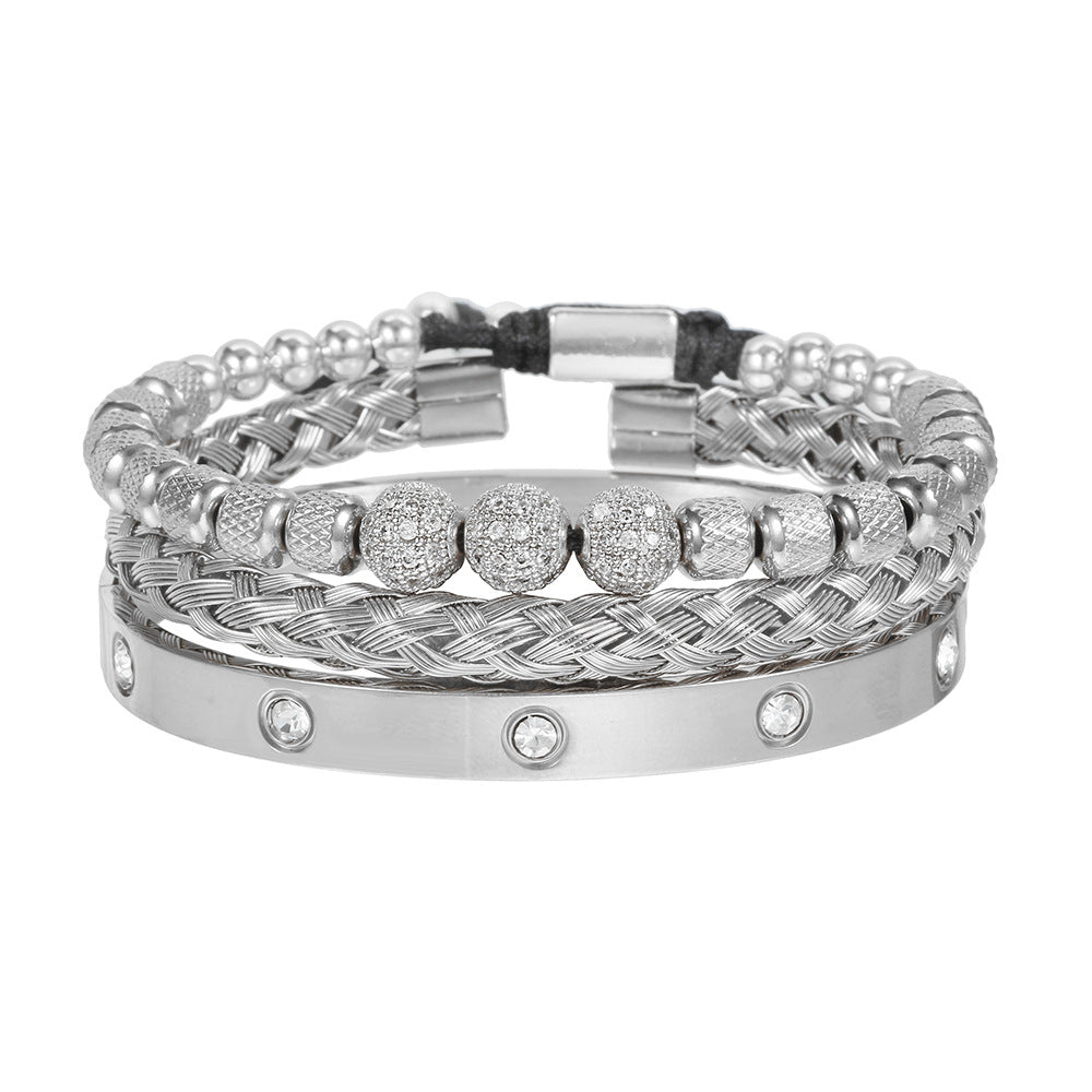 Geometric Round Stainless Steel Plated Bracelet Set with Cubic Zirconia Beads and Roman Numerals for Men and Women