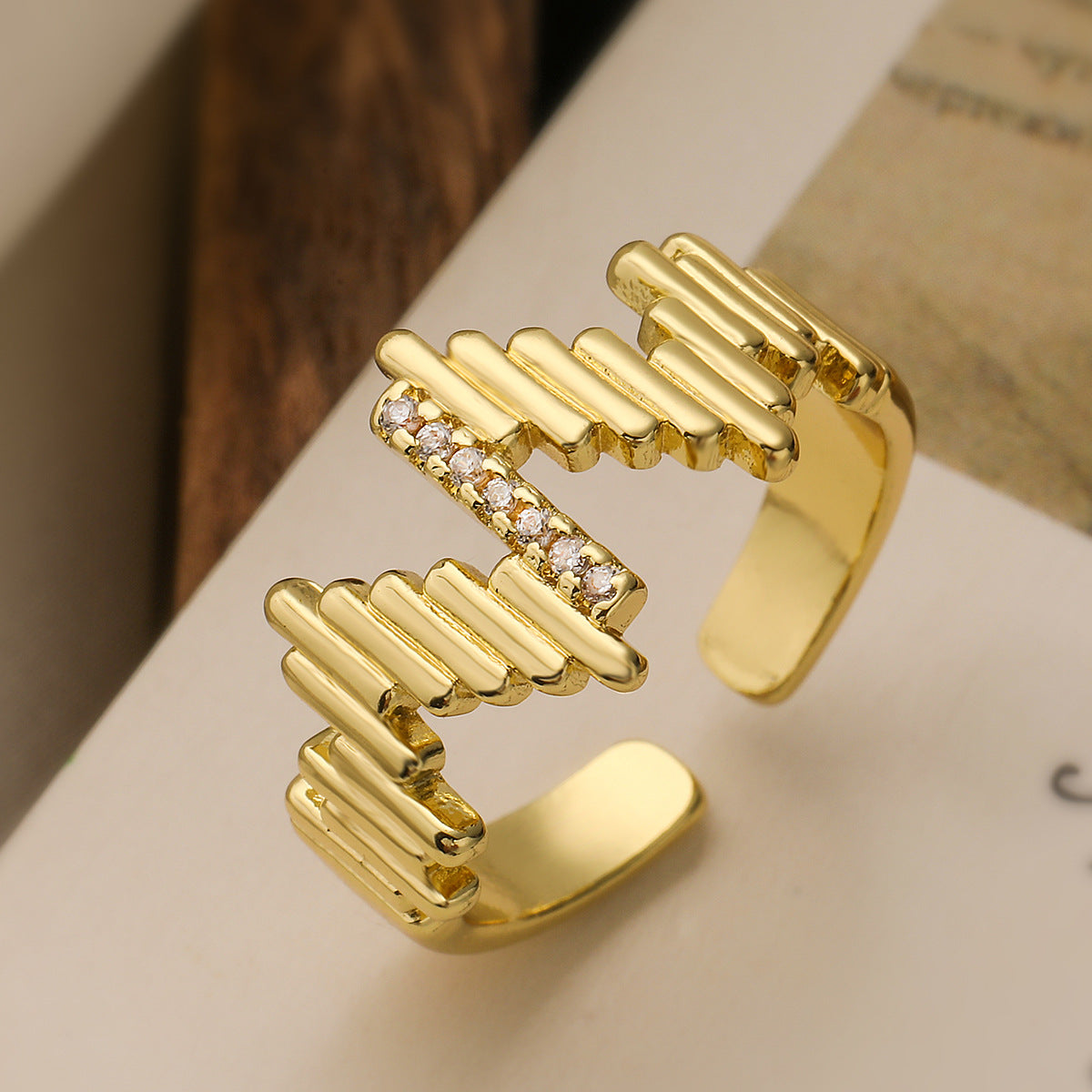 Minimalist Geometric Open Ring for Women Made of Brass with 18K Gold Plating and Zircon Inlay