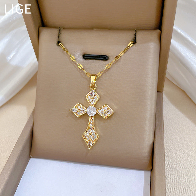 Sweet Full Rhinestone Cross Titanium Steel Necklace Curb Chain Unisex