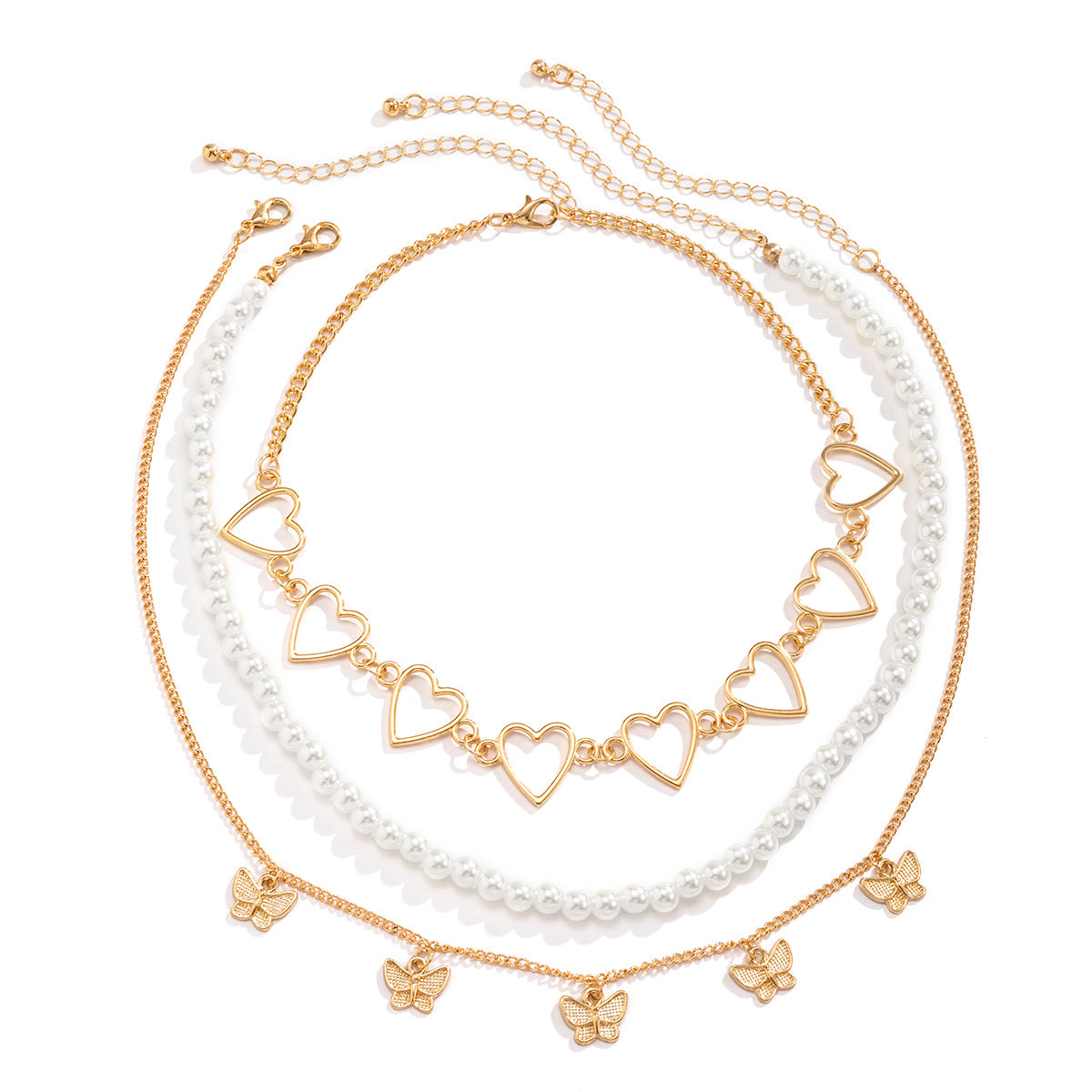 Minimalist Punk Heart Butterfly Hollow Alloy Plated Pearl Pendant Multi-layer Ball Chain Necklace for Women