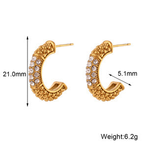 Fashion Minimalist Geometric C-Shaped Zirconia-Set Stainless Steel Earrings with 18K Gold Plating for Women