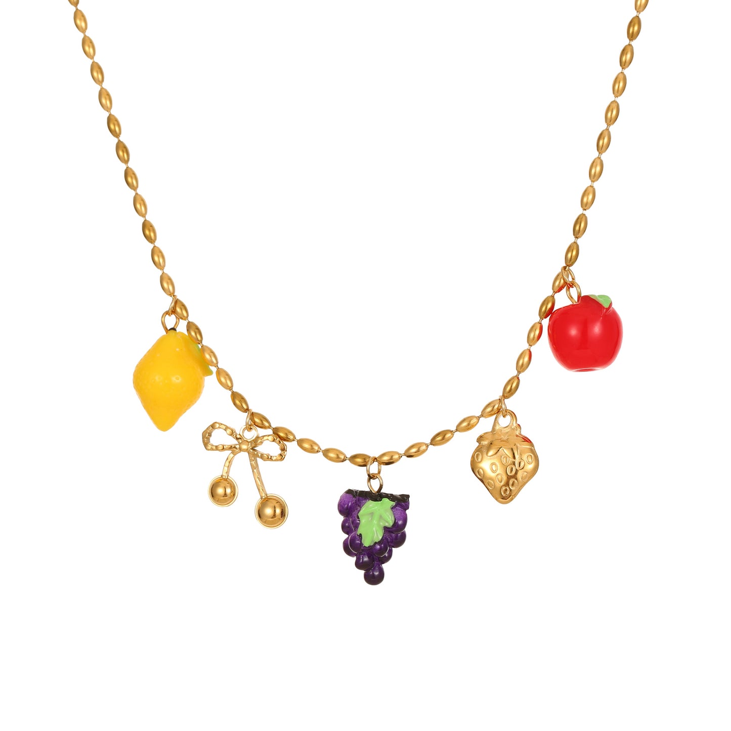 Collana con Pendente in Acciaio Inossidabile a Forma di Frutta alla Moda con Finitura Placcata per Donne, Catena con Ciondolo a Limone, Fragola e Uva