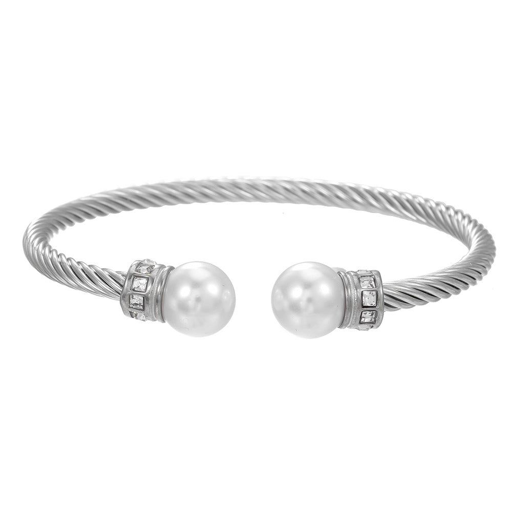 Geometric Round Stainless Steel Cable Chain Bracelet with Rhinestone and Pearl Inlay for Women