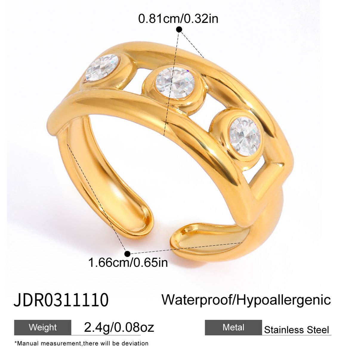 Anello geometrico in acciaio inossidabile da donna con accento in zircone e finitura PVD placcata oro sottovuoto