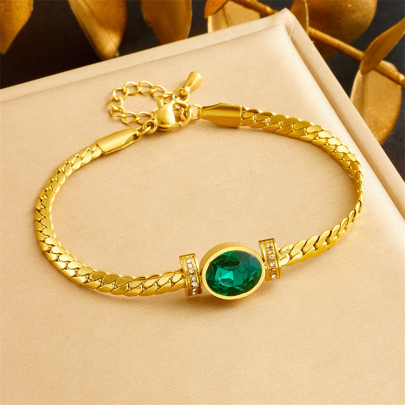 Vintage Emerald Oval Fashion Stainless Steel Rhinestone-Set Bracelet and Necklace for Women