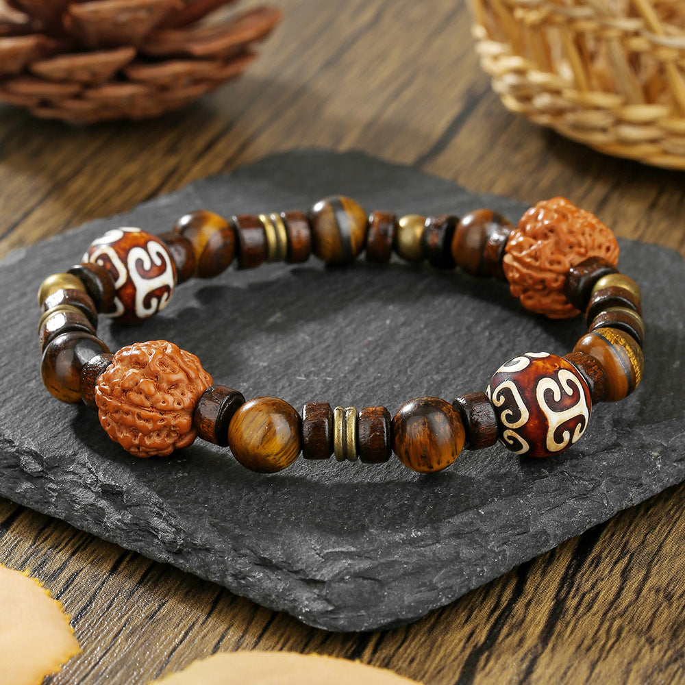 Vintage Handmade Geometric Round Wood and Alloy Beaded Bracelet for Men
