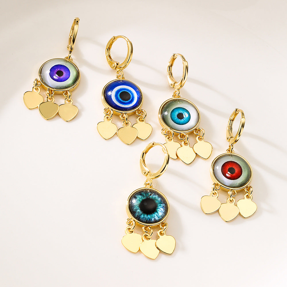 Minimalist Evil Eye Heart Pendant Earrings in Copper with Gold Plating for Women