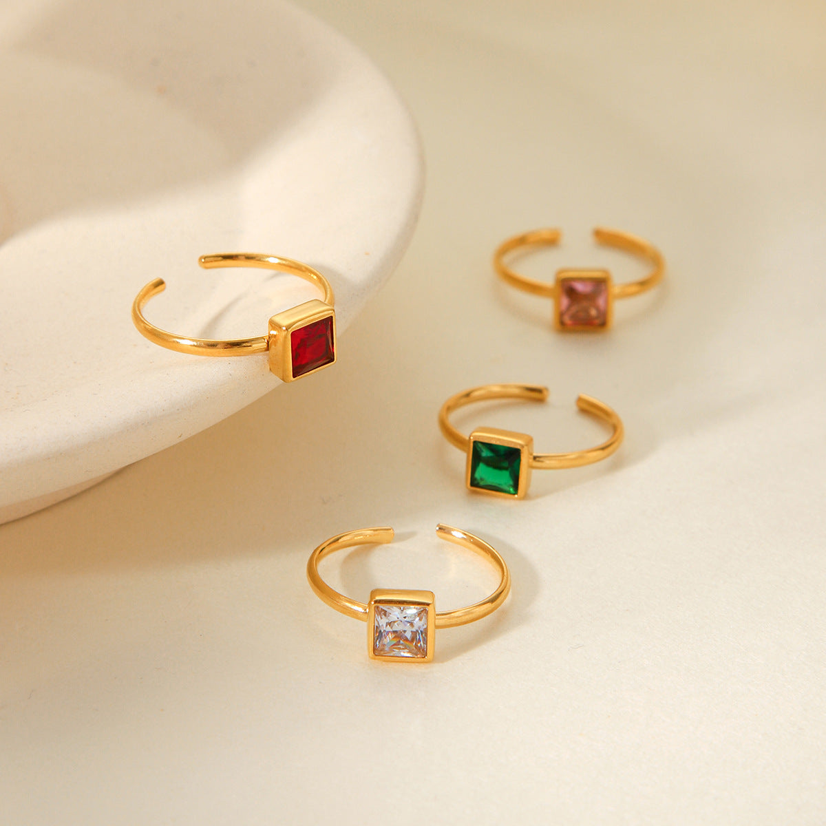 Minimalist Geometric Open Ring for Women in Titanium Steel with 18K Gold Plating and Square Zircon Inlay