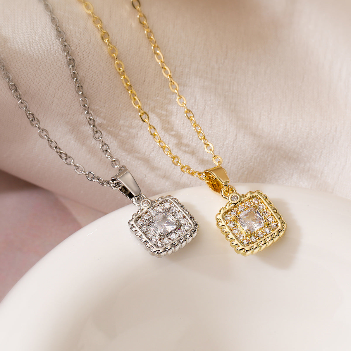 Minimalist Geometric Zircon Square Pendant Necklace for Women Copper Chain Delicate Clavicle Jewelry