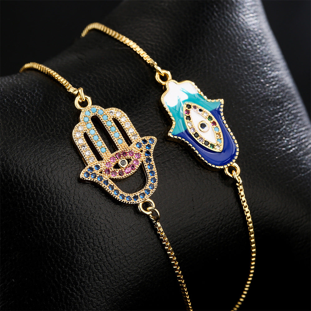 Geometric Gold Plated Drip Oil Brass Bracelet with Micro-Inlaid Cubic Zirconia for Women