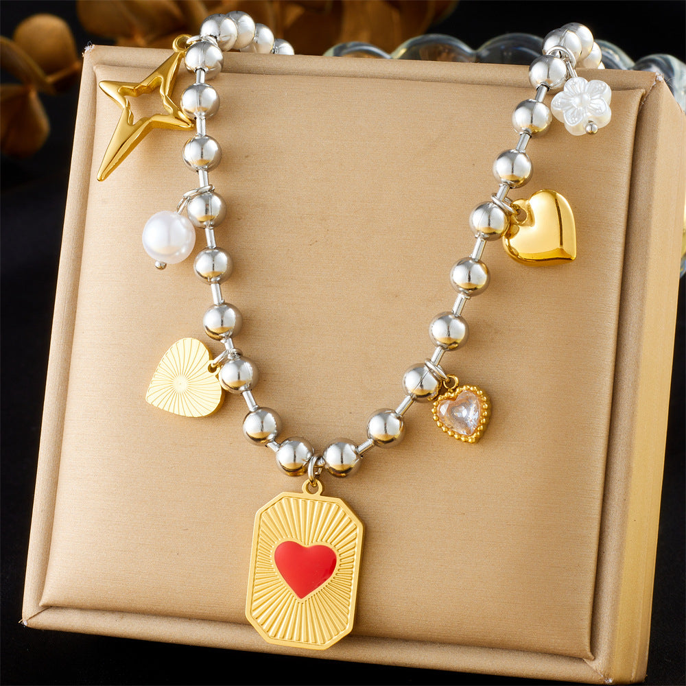 Sweet Cross Heart Bow Drip Oil Eye Pendant Stainless Steel Ball Chain Necklace for Women